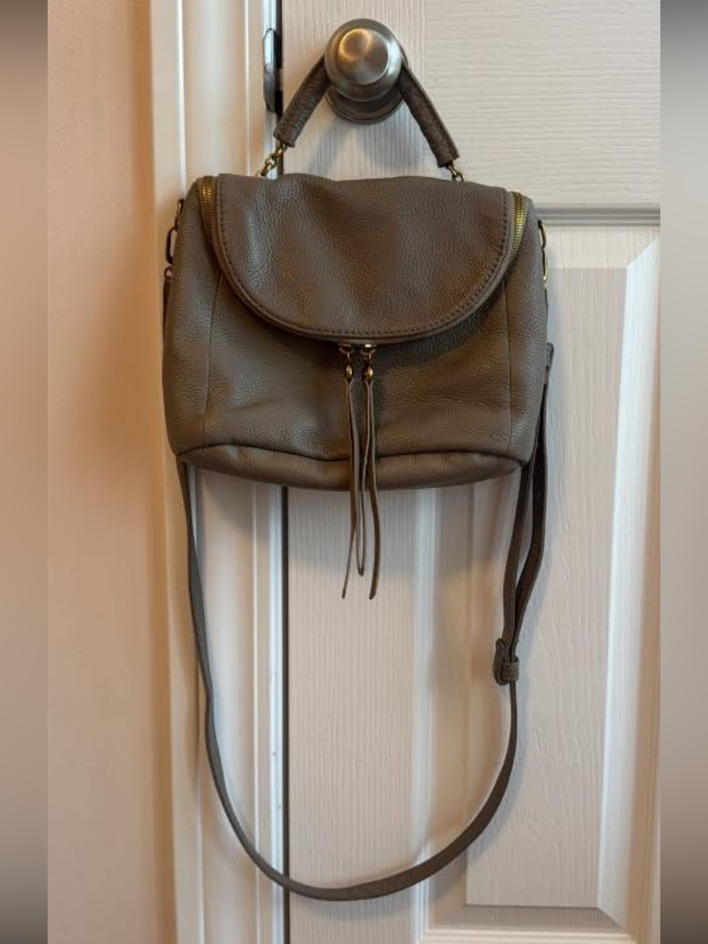 HOBO Fern Satchel Pebbled Leather Crossbody with Fringe Zip.. color Taupe/Gray